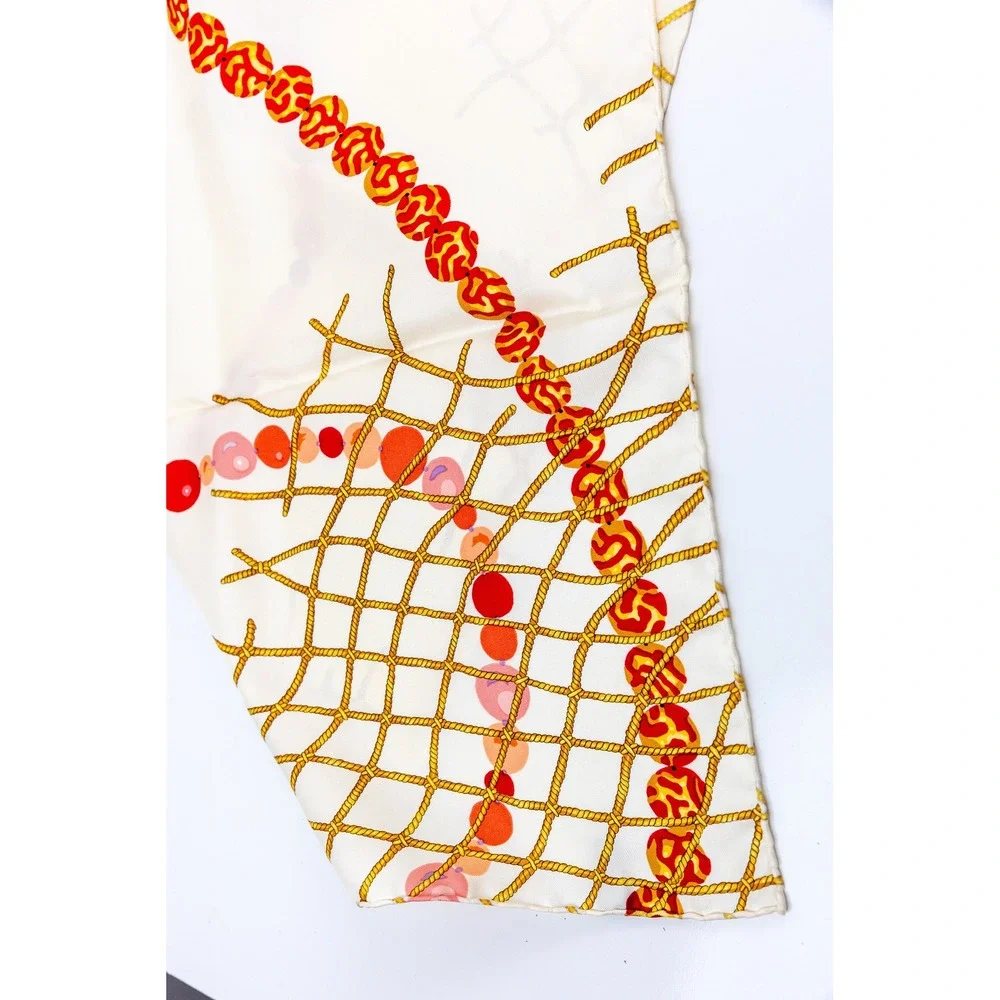 Vintage Angela Cummings Italian Silk Twill Scarf Nautical Coral Net In Box 35x35
